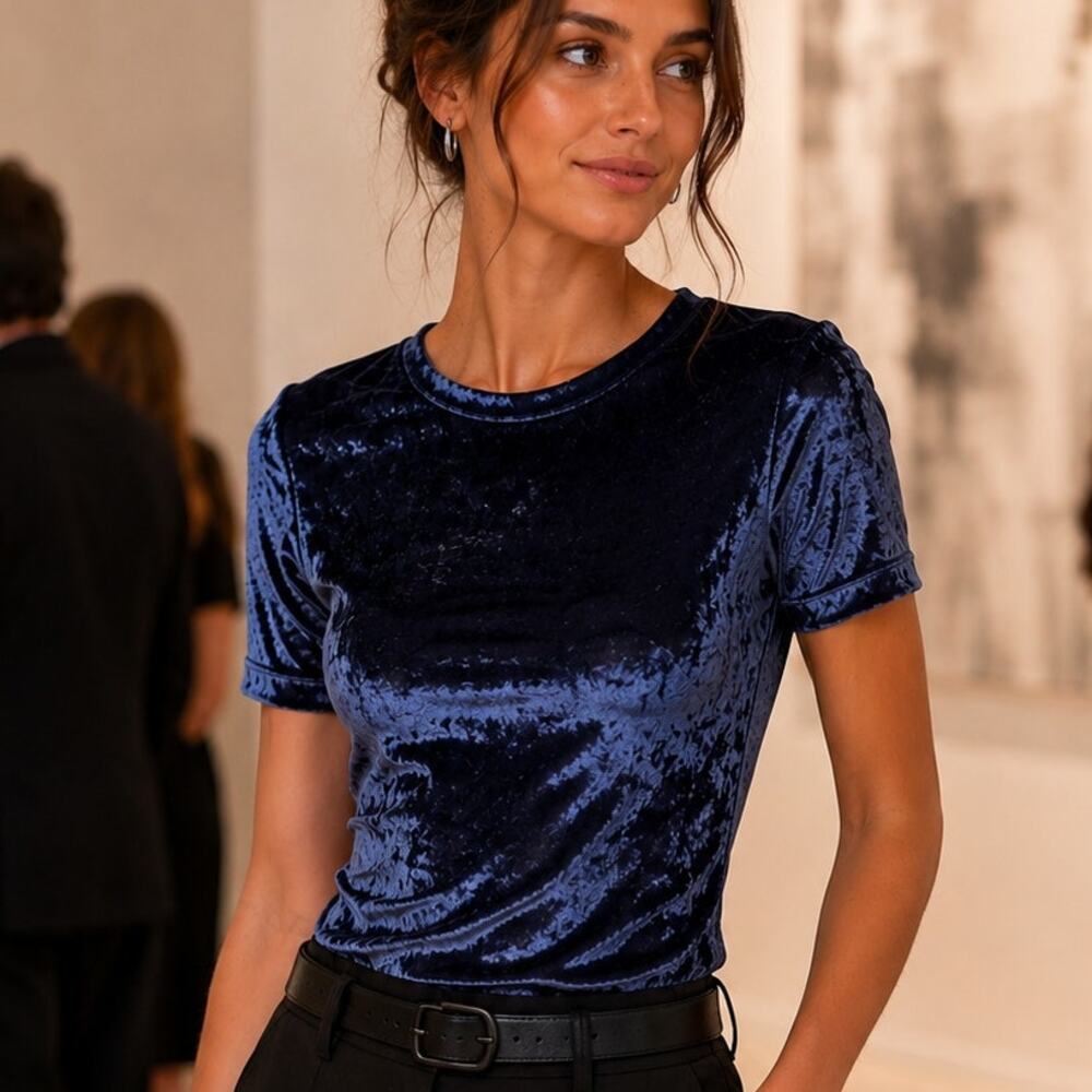 Cynthia Rowley Luxe Blue Velvet Top with Ribbon Tie Keyhole Small NWT